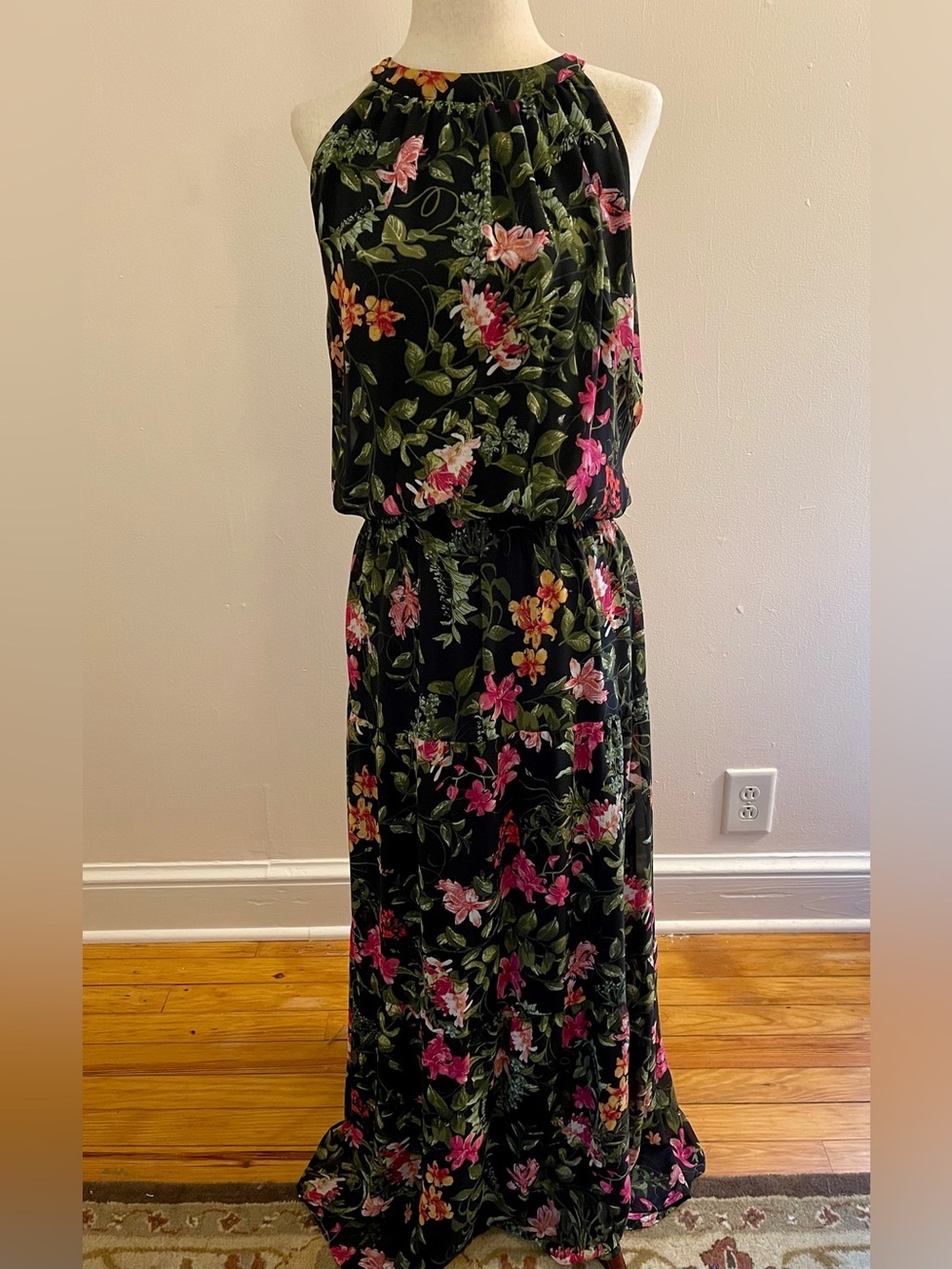 Chetta B Black Floral Sleeveless Halter Maxi Dress Size 20W Plus Lined